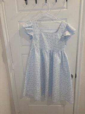 Lemmus Blue White Floral Dress Ruffle Sleeve Fit Flare Midi Cottagecore Medium